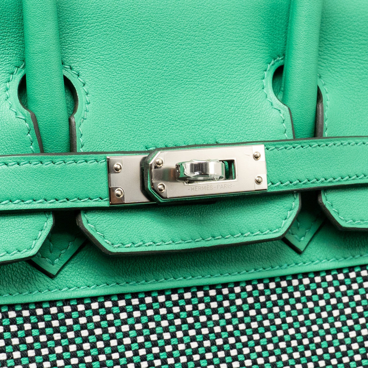 Hermes Birkin 25 Toile Quadrille/Swift Noir-Blanc-Menthe/Menthe SHW