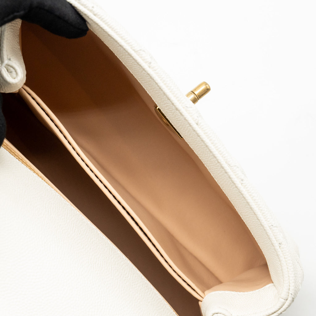 CHANEL DETAILED TOP HANDLE SMALL COCO HANDLE CAVIAR WHITE GHW (MICROCHIP)