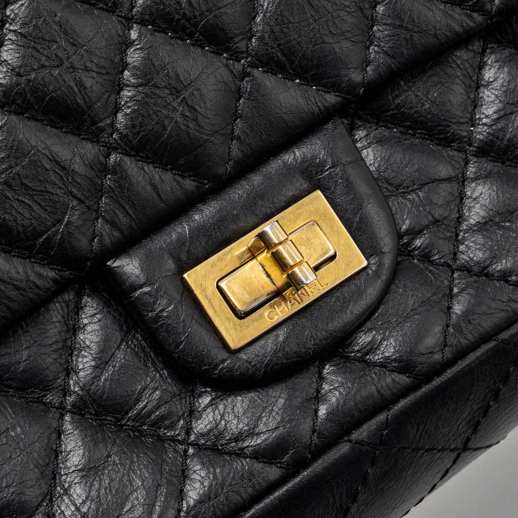 CHANEL SMALL 2.55 REISSUE DOUBLE FLAP BAG AGED CALFSKIN BLACK GHW