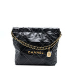 CHANEL SMALL 22 BAG GOLD LETTER SHINY CALFSKIN BLACK GHW (MICROCHIP)