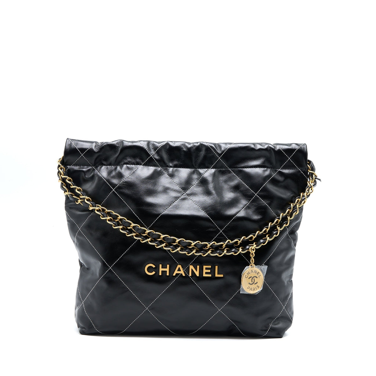 CHANEL SMALL 22 BAG GOLD LETTER SHINY CALFSKIN BLACK GHW (MICROCHIP)