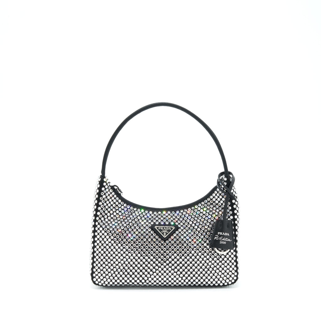PRADA RE-EDITION 2000 CRYSTAL HOBO BAG NYLON/LEATHER BLACK SHW