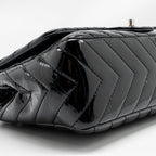 CHANEL CHEVRON JUMBO SINGLE FLAP BAG PATENT BLACK SHW