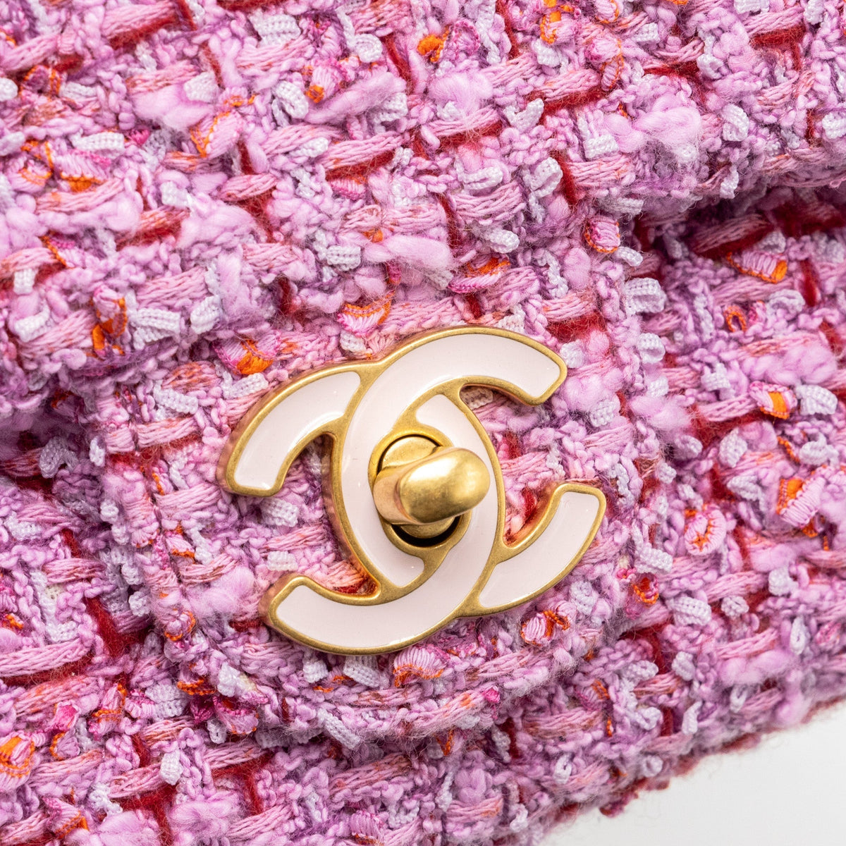 CHANEL 22P MINI SQUARE FLAP BAG TWEED PINK GHW (MICROCHIP)