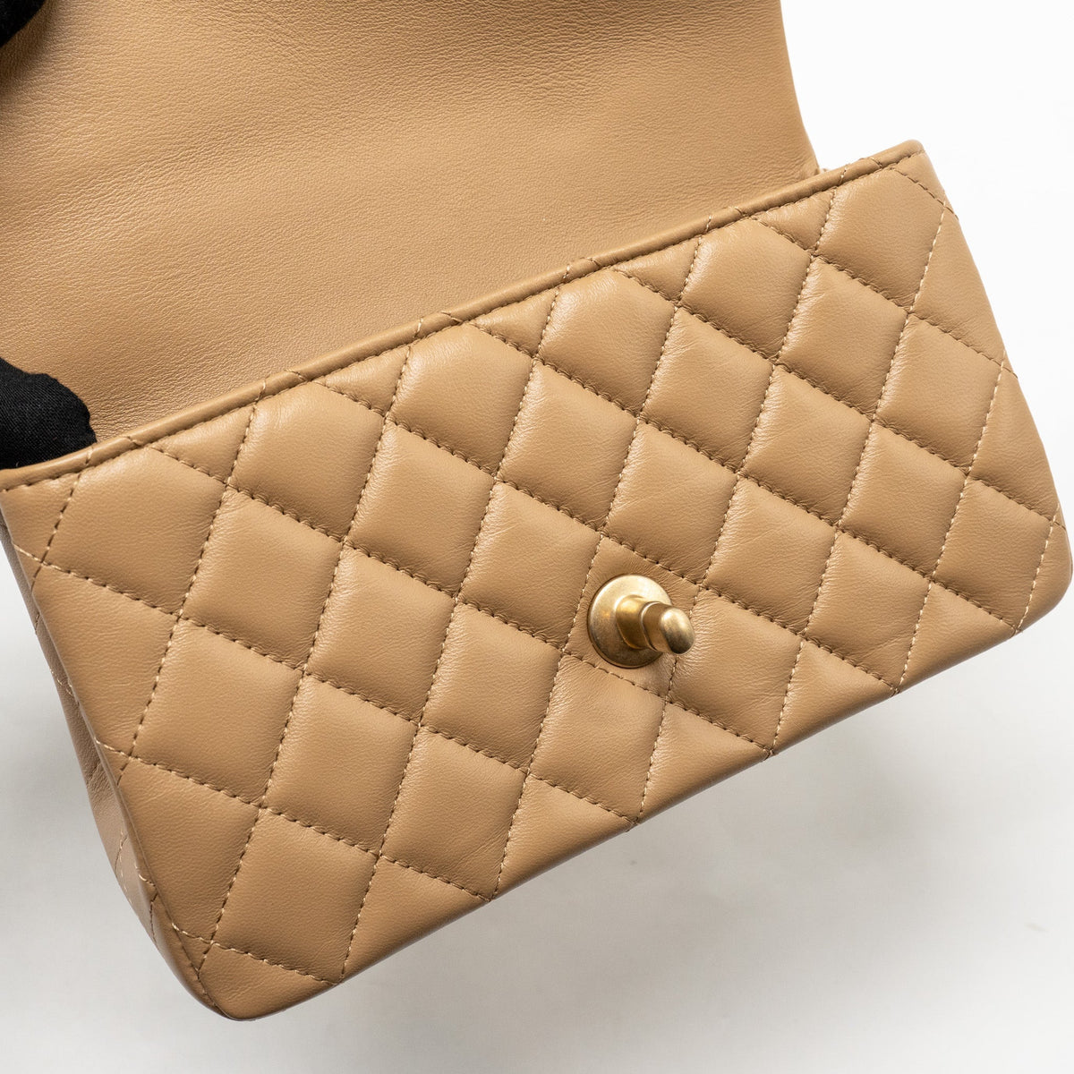 CHANEL TOP HANDLE MINI RECTANGULAR LAMBSKIN DARK BEIGE GHW (MICROCHIP)