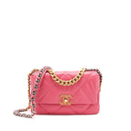 CHANEL SMALL 19 FLAP BAG GOATSKIN PINK WITH GOLD/SILVER HARDWARE