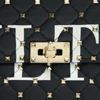 VALENTINO GARAVANI MEDIUM ROCKSTUD SPIKE SHOULDER BLACK LETTER PRINT LGHW