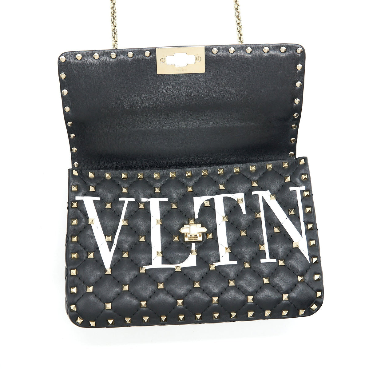 VALENTINO GARAVANI MEDIUM ROCKSTUD SPIKE SHOULDER BLACK LETTER PRINT LGHW