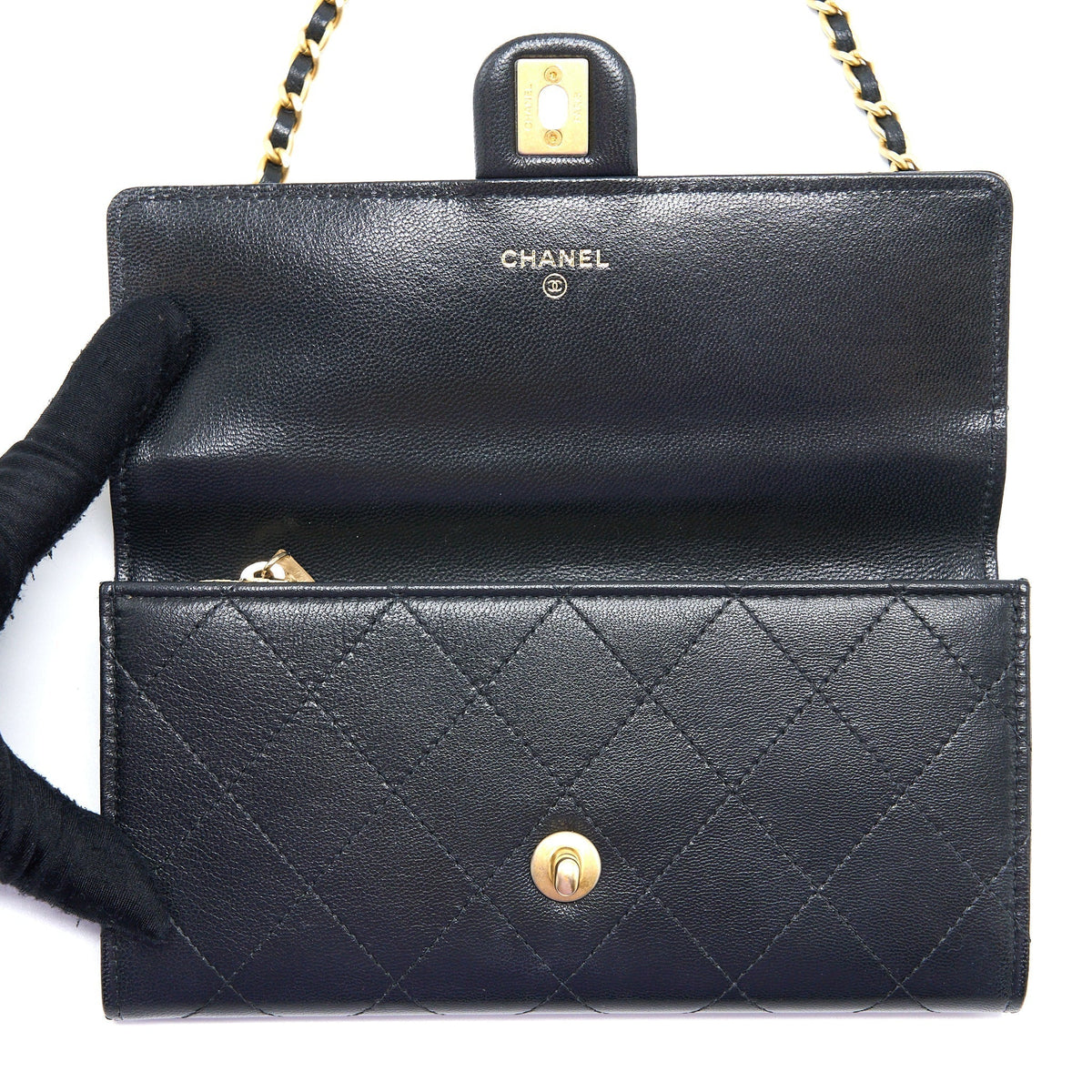 CHANEL PEARL FLAP WALLET ON CHAIN GOATSKIN BLACK GHW