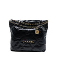 CHANEL MEDIUM 22 BAG GOLD LETTER SHINY CALFSKIN BLACK GHW (MICROCHIP)
