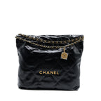 CHANEL MEDIUM 22 BAG GOLD LETTER SHINY CALFSKIN BLACK GHW (MICROCHIP)
