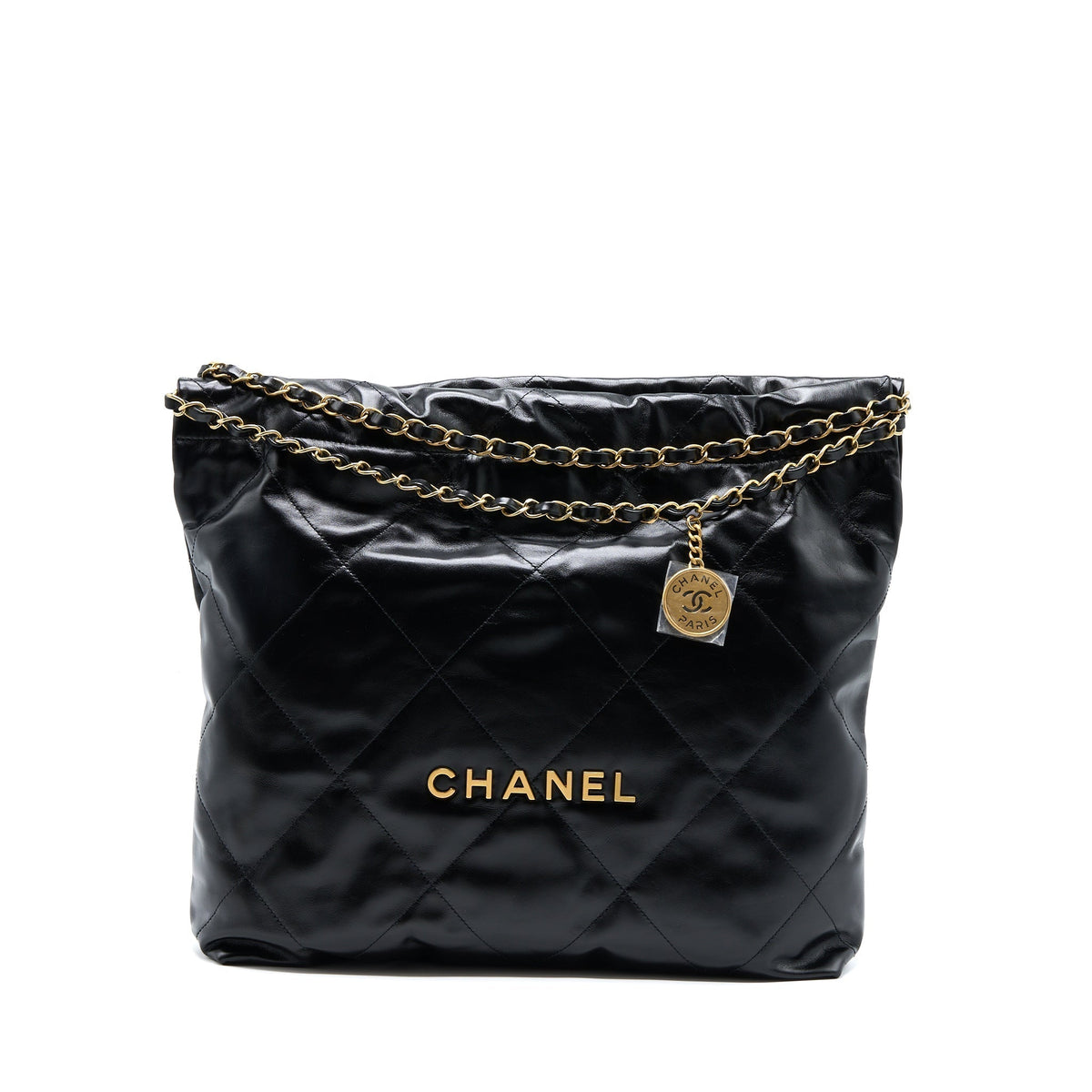 CHANEL MEDIUM 22 BAG GOLD LETTER SHINY CALFSKIN BLACK GHW (MICROCHIP)
