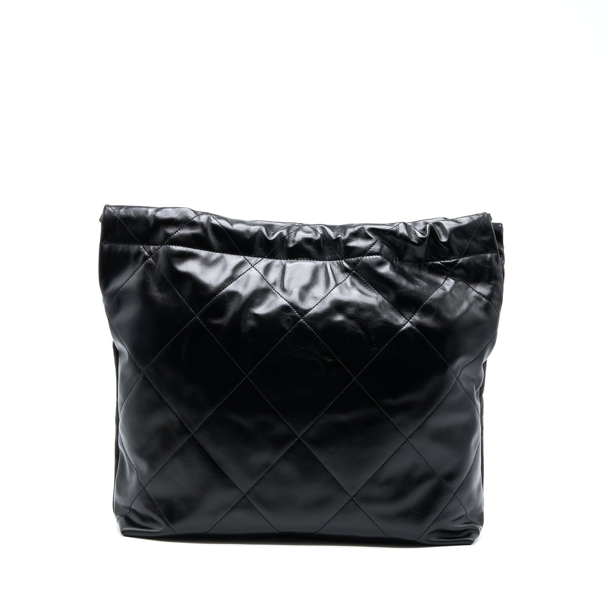 CHANEL MEDIUM 22 BAG GOLD LETTER SHINY CALFSKIN BLACK GHW (MICROCHIP)