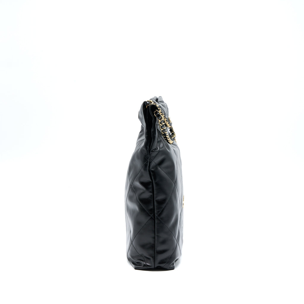 CHANEL MEDIUM 22 BAG GOLD LETTER SHINY CALFSKIN BLACK GHW (MICROCHIP)