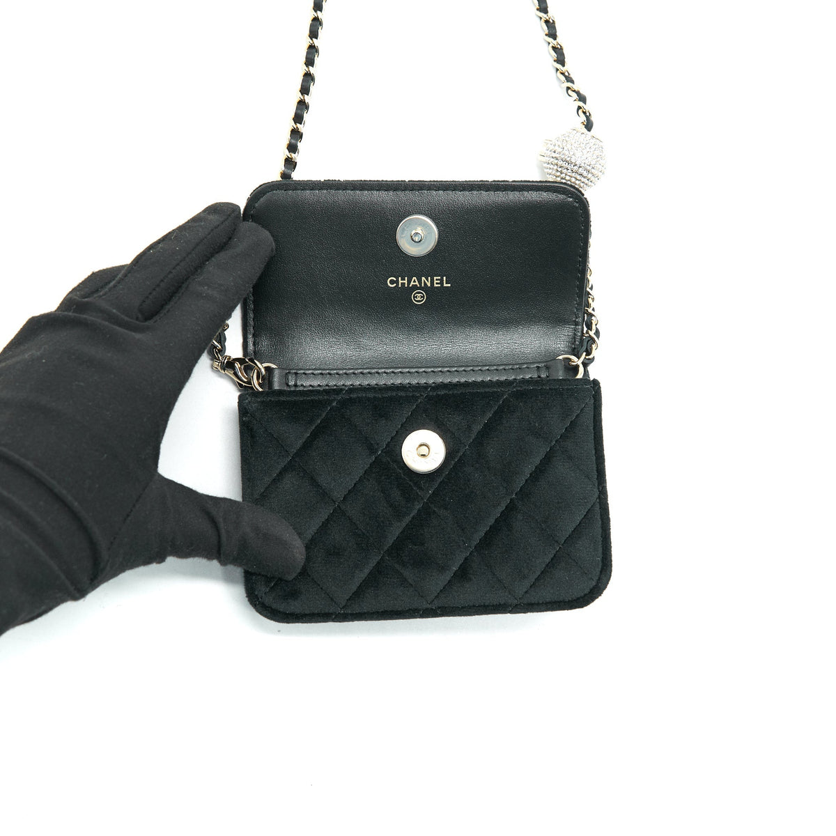 CHANEL VELVET PEARL CRUSH MINI BELT BAG BLACK WITH LGHW