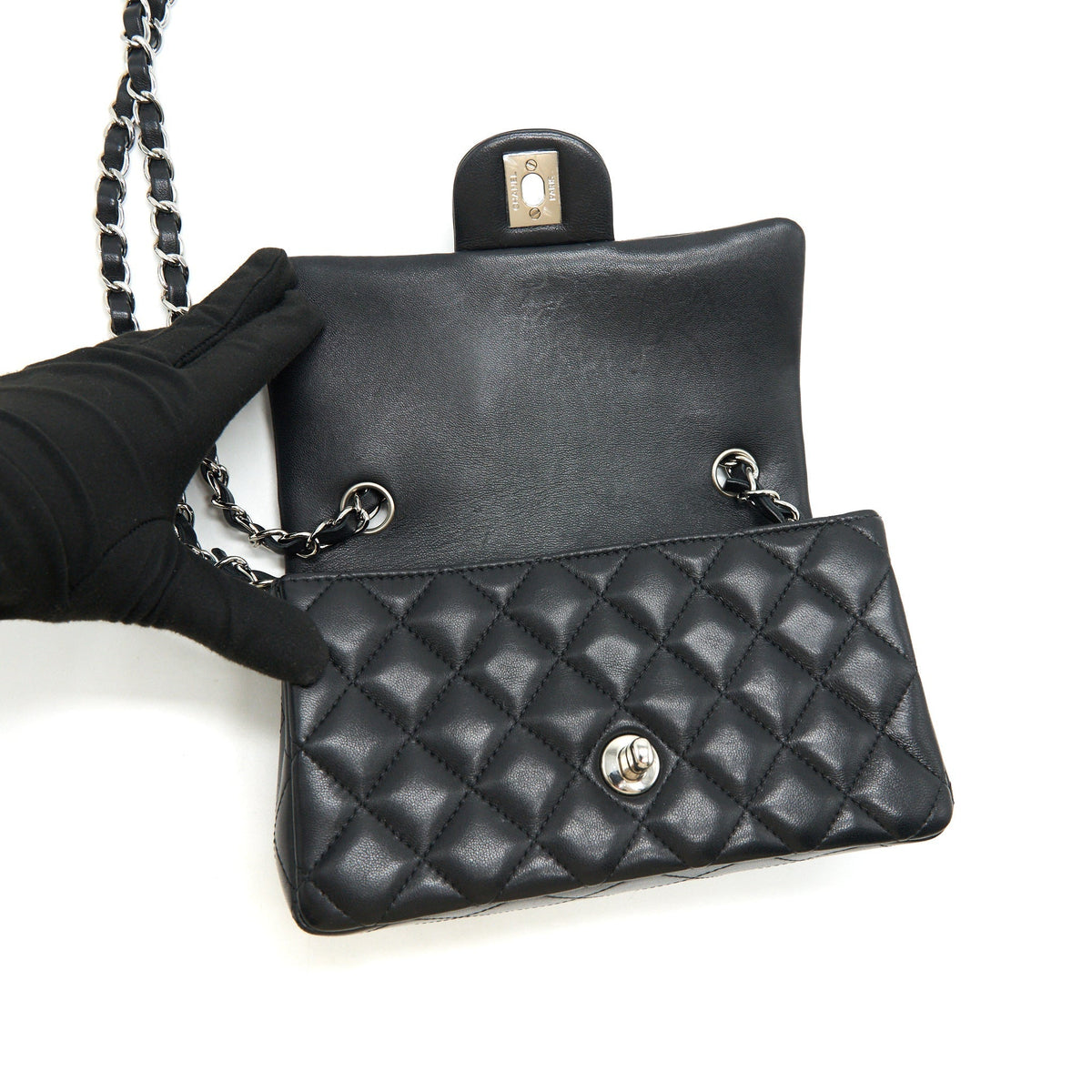 CHANEL LAMBSKIN RECTANGULAR MINI FLAP BAG IN BLACK SHW