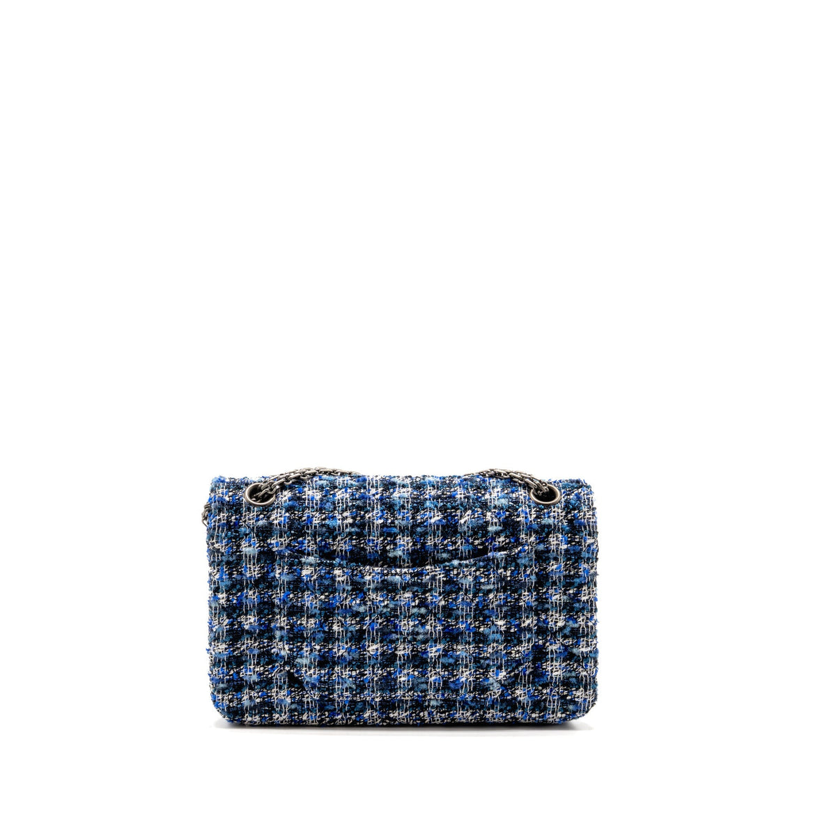 CHANEL SMALL 2.55 REISSUE FLAP BAG TWEED BLUE/WHITE SHW