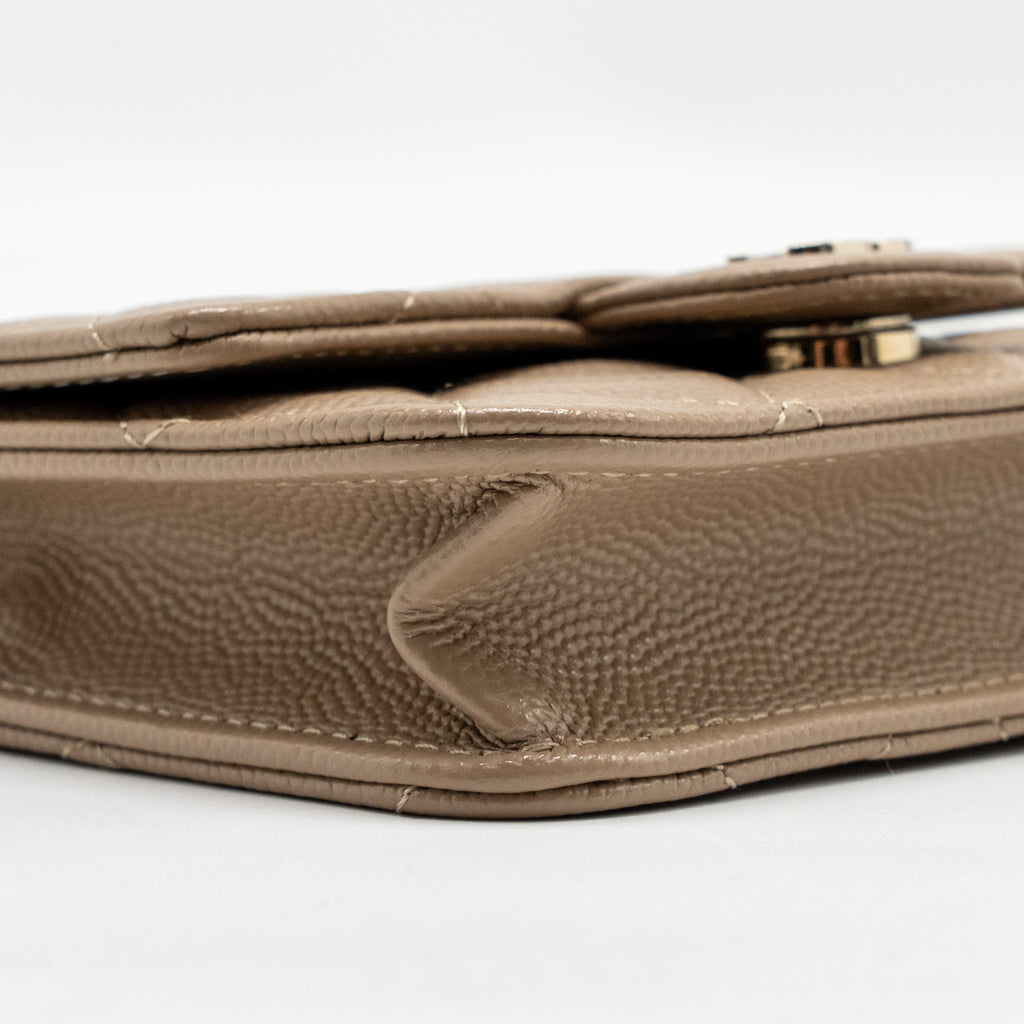 CHANEL MINI FLAP CLUTCH WITH CHAIN CAVIAR DARK BEIGE LGHW (MICROCHIP)