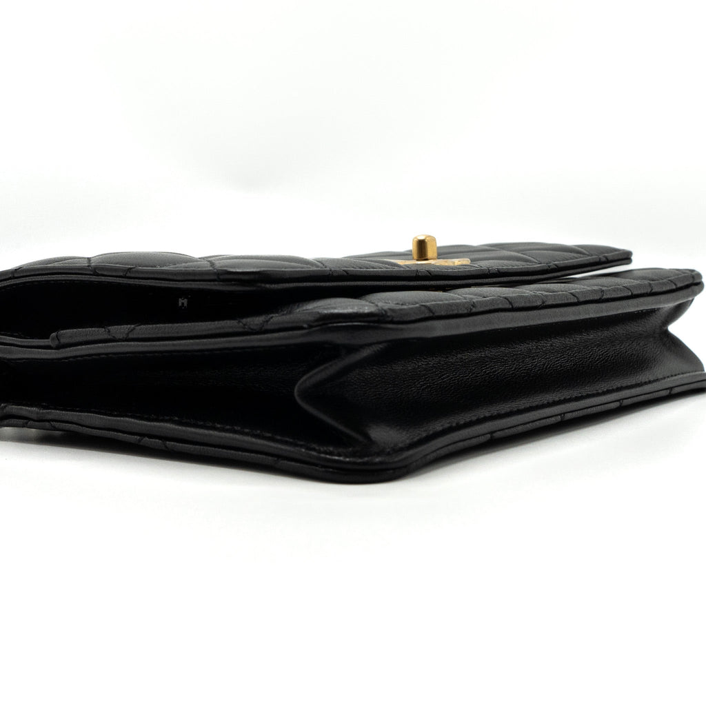 CHANEL PEARL CRUSH WALLET ON CHAIN LAMBSKIN BLACK GHW (MICROCHIP)