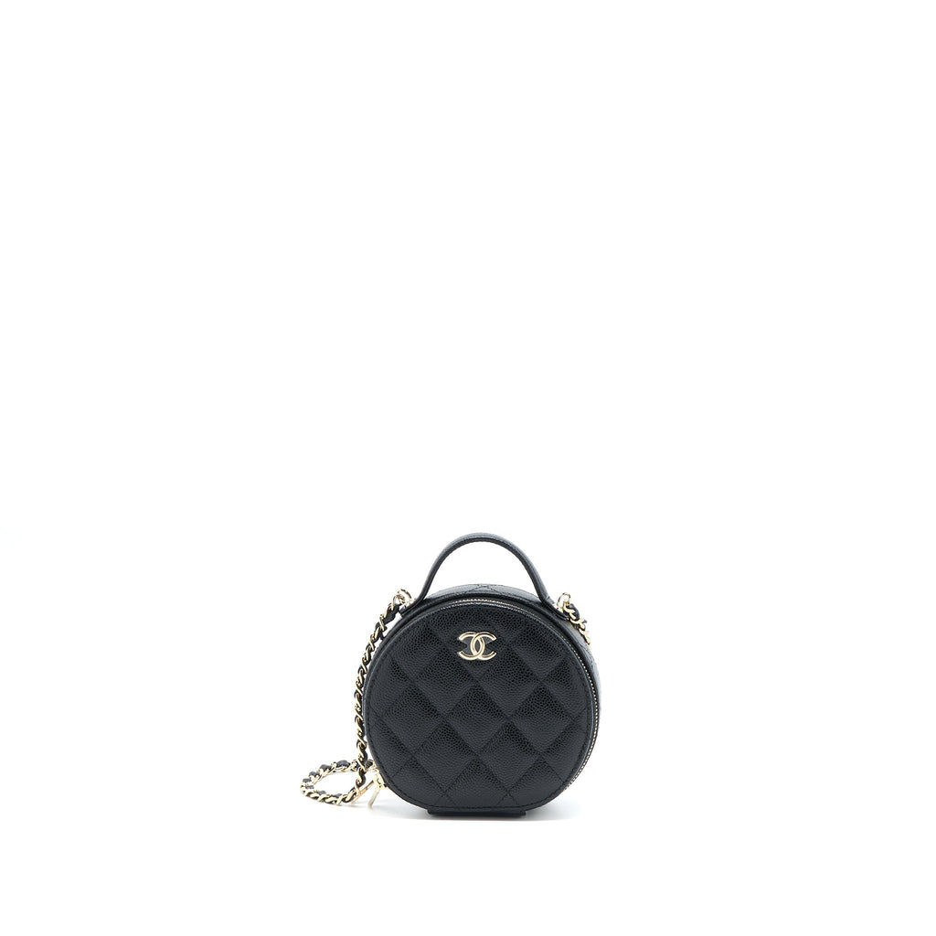 CHANEL MINI TOP HANDLE ROUND VANITY CASE WITH CHAIN CAVIAR BLACK LGHW