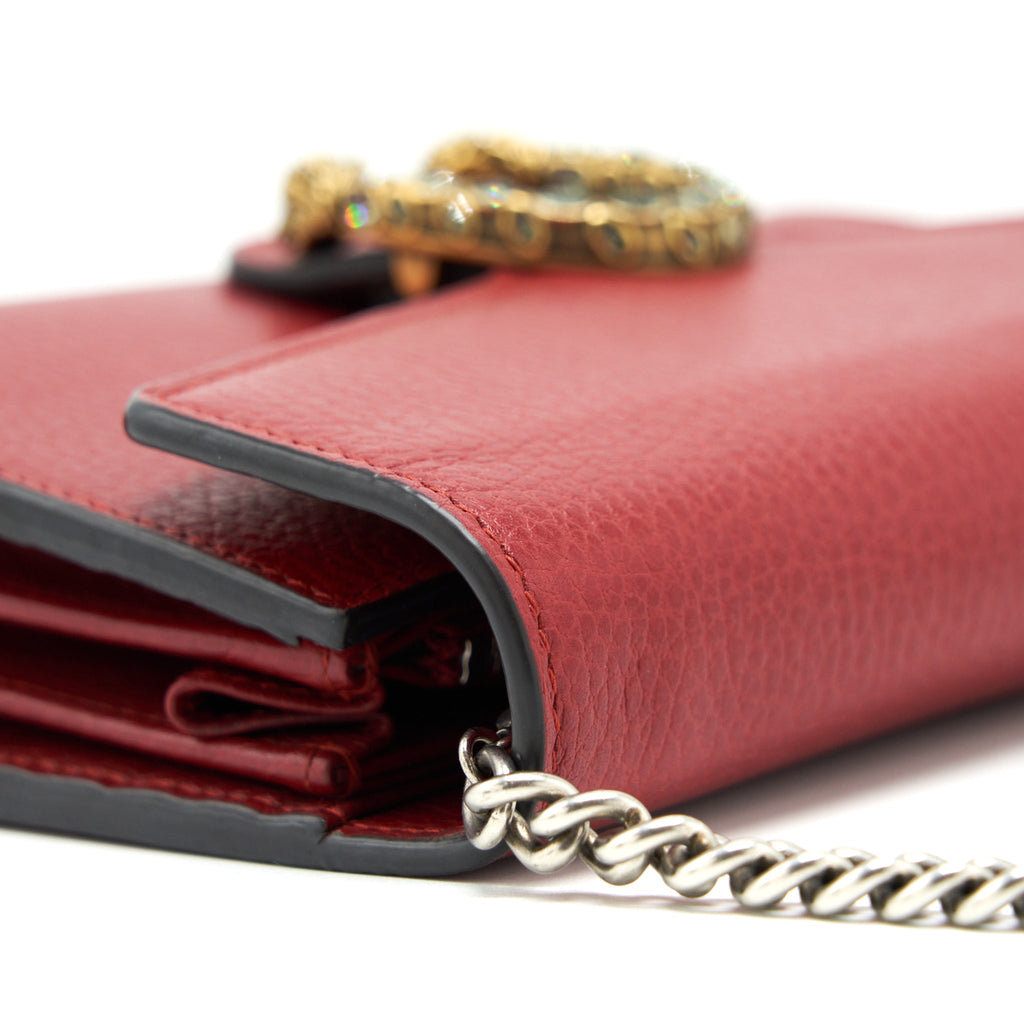 GUCCI DIONYSUS LEATHER MINI CHAIN RED BAG GOLD AND SILVER HARDWARE