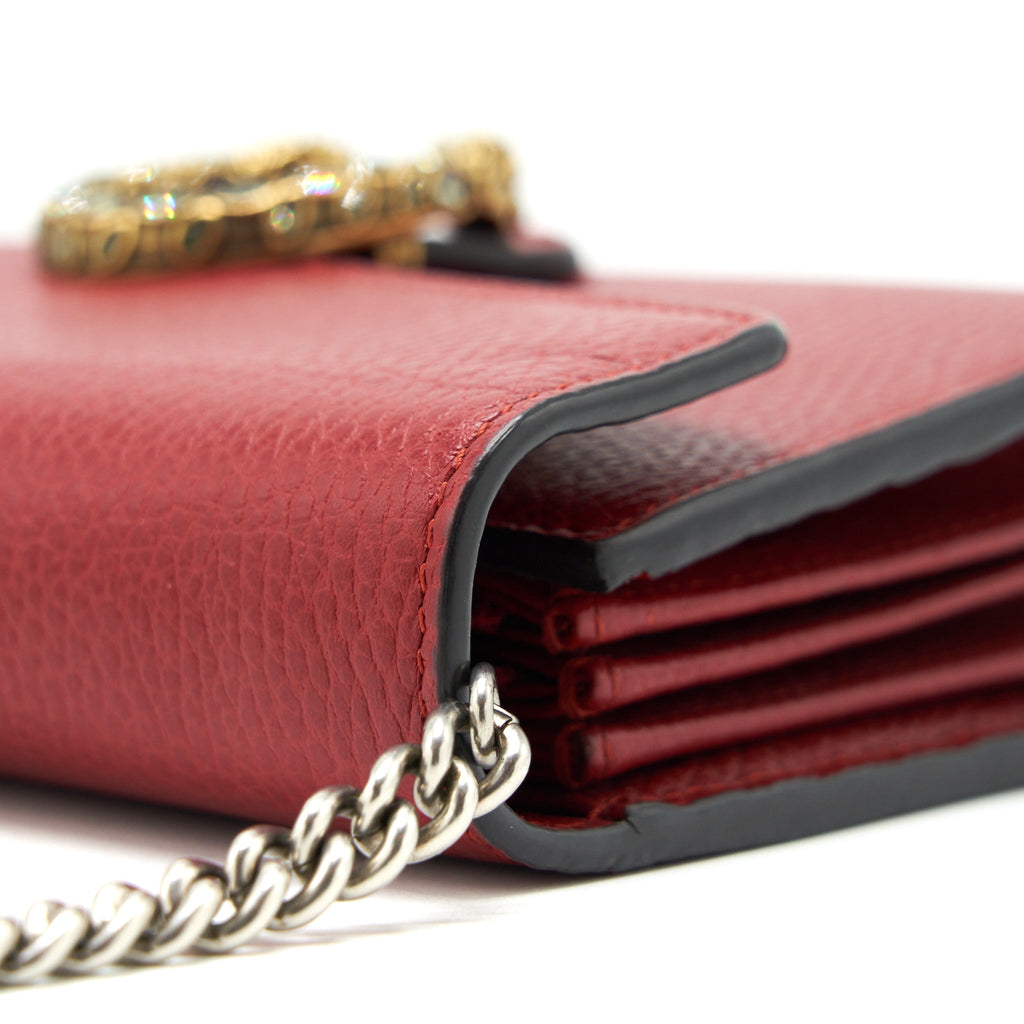 GUCCI DIONYSUS LEATHER MINI CHAIN RED BAG GOLD AND SILVER HARDWARE