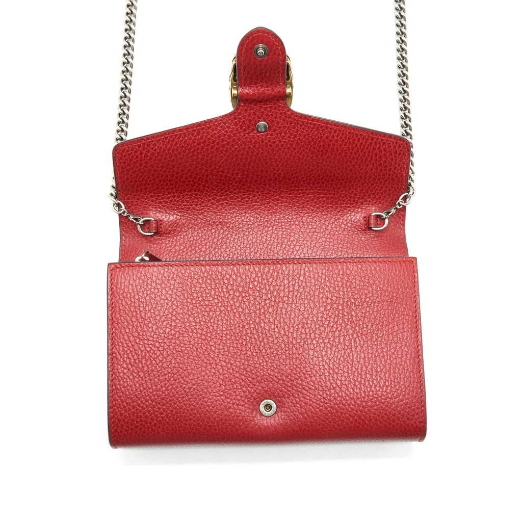 GUCCI DIONYSUS LEATHER MINI CHAIN RED BAG GOLD AND SILVER HARDWARE