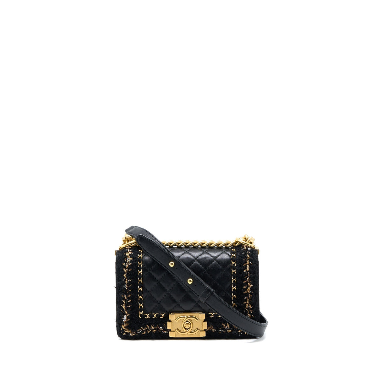 CHANEL SMALL JACKET BOY BAG LAMBSKIN/TWEED BLACK GHW