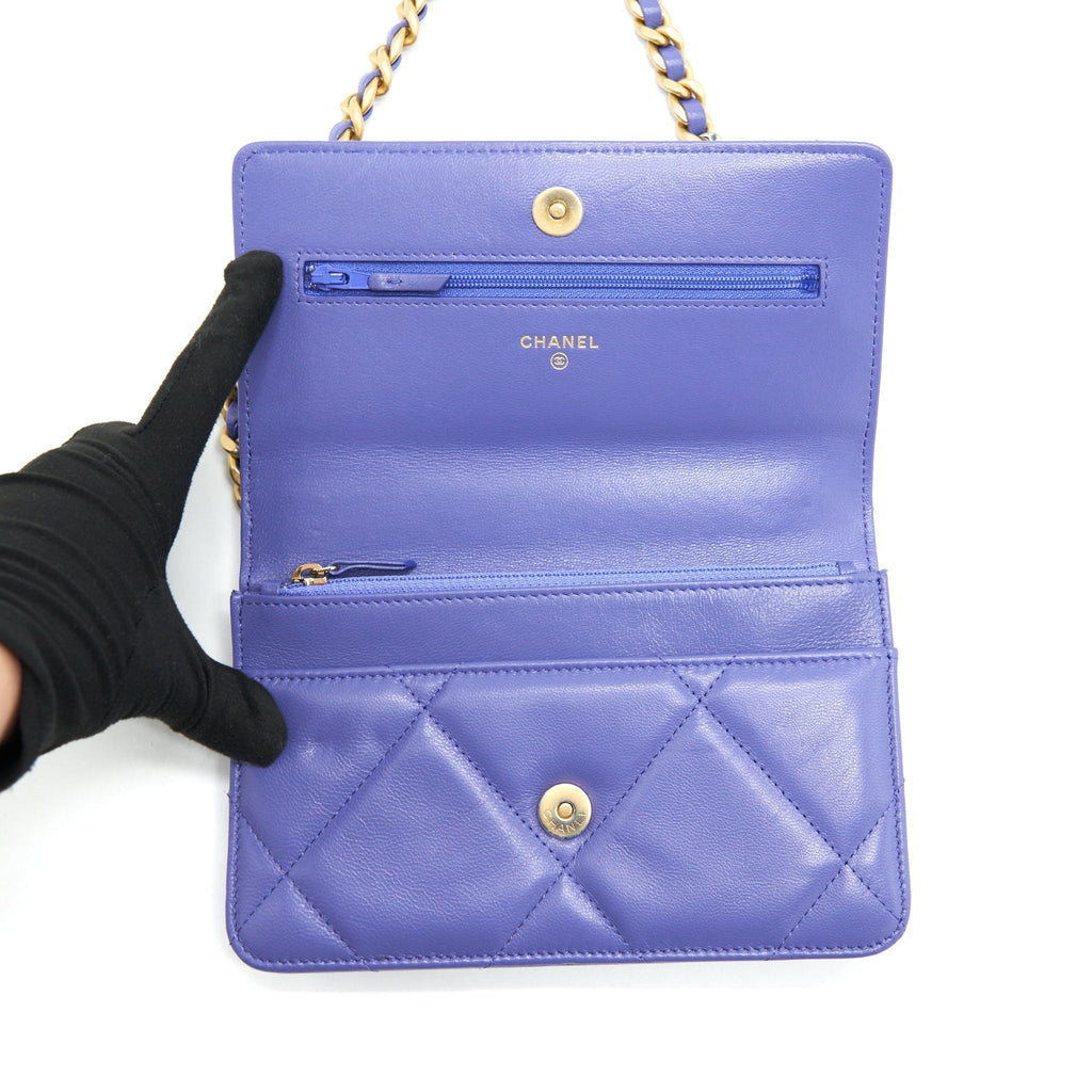 CHANEL 19 WALLET ON CHAIN LAMBSKIN PURPLE WITH GOLD/SILVER HARDWARE