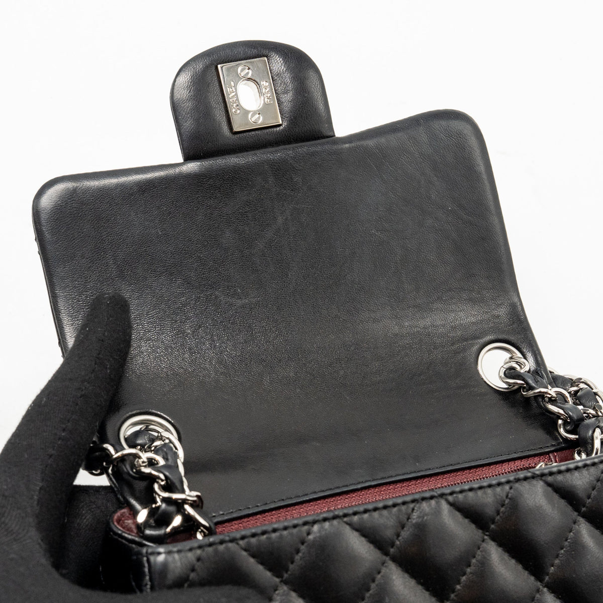 CHANEL CLASSIC MINI SQUARE FLAP BAG LAMBSKIN BLACK SHW