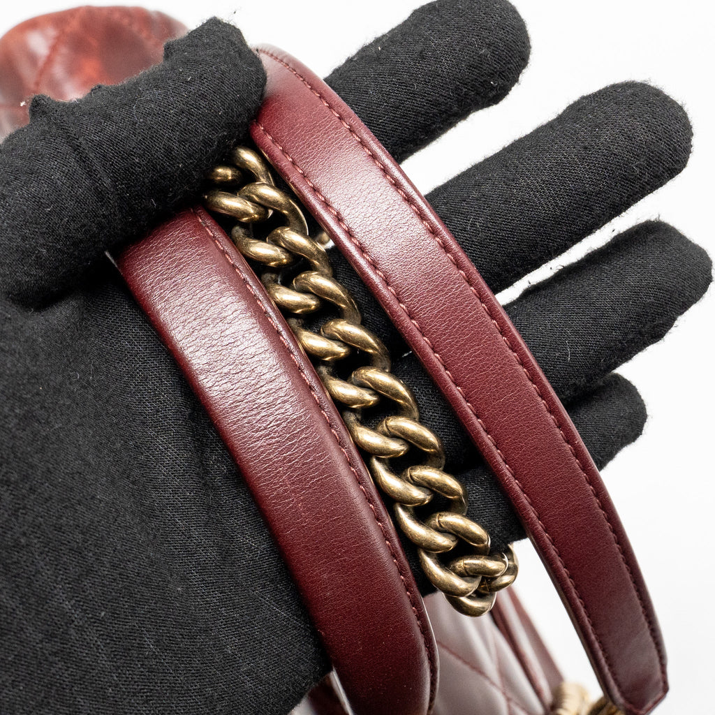 Chanel 16A Gold Bar Top Handle Flap Bag Glazed Calfskin Burgundy GHW