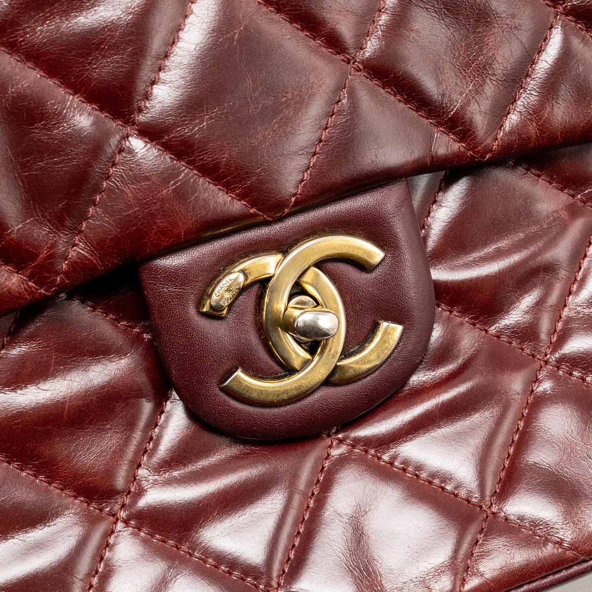 Chanel 16A Gold Bar Top Handle Flap Bag Glazed Calfskin Burgundy GHW