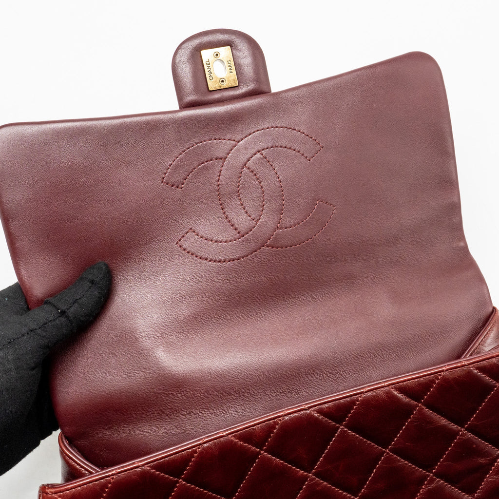 Chanel 16A Gold Bar Top Handle Flap Bag Glazed Calfskin Burgundy GHW