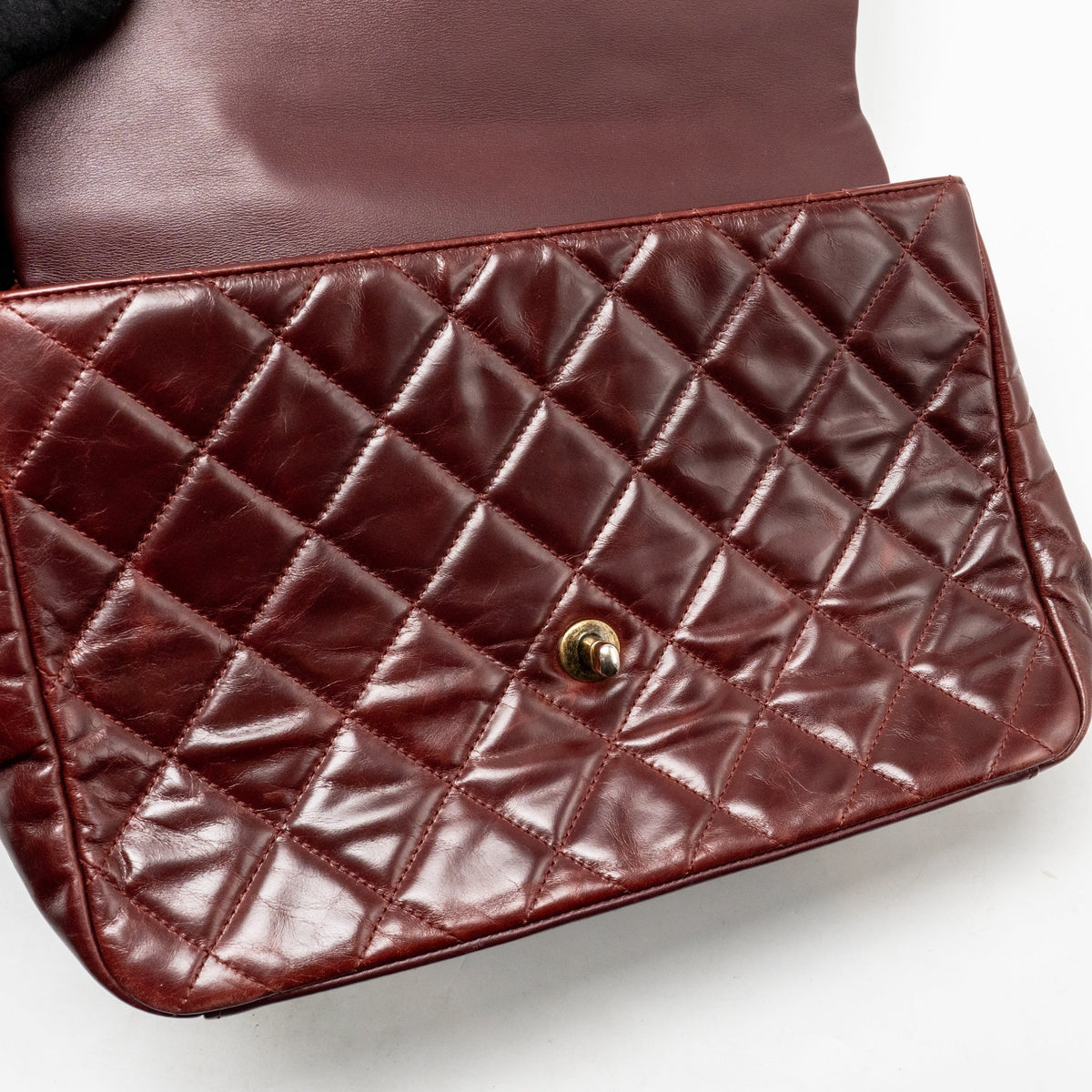 Chanel 16A Gold Bar Top Handle Flap Bag Glazed Calfskin Burgundy GHW