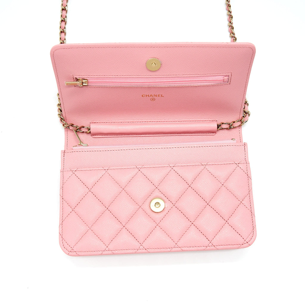 CHANEL 22C CLASSIC WALLET ON CHAIN CAVIAR PINK LGHW (MICROCHIP)