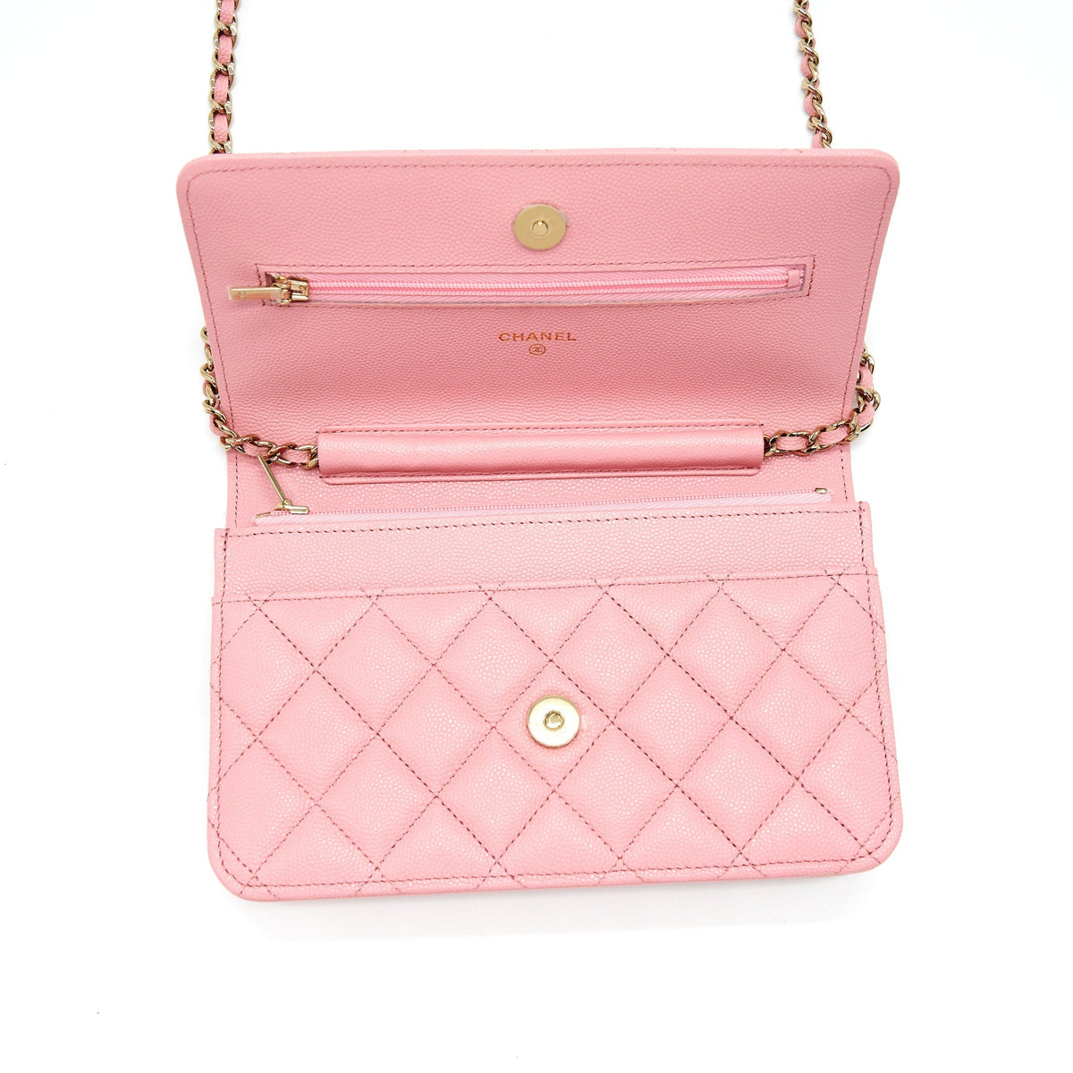 CHANEL 22C CLASSIC WALLET ON CHAIN CAVIAR PINK LGHW (MICROCHIP)