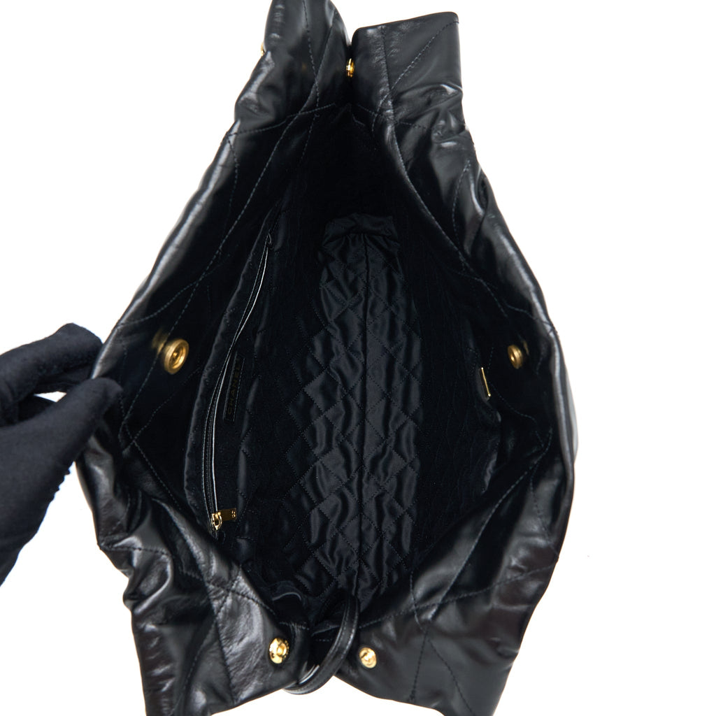 CHANEL MEDIUM 22 BAG GOLD LETTER SHINY CALFSKIN BLACK GHW (MICROCHIP)