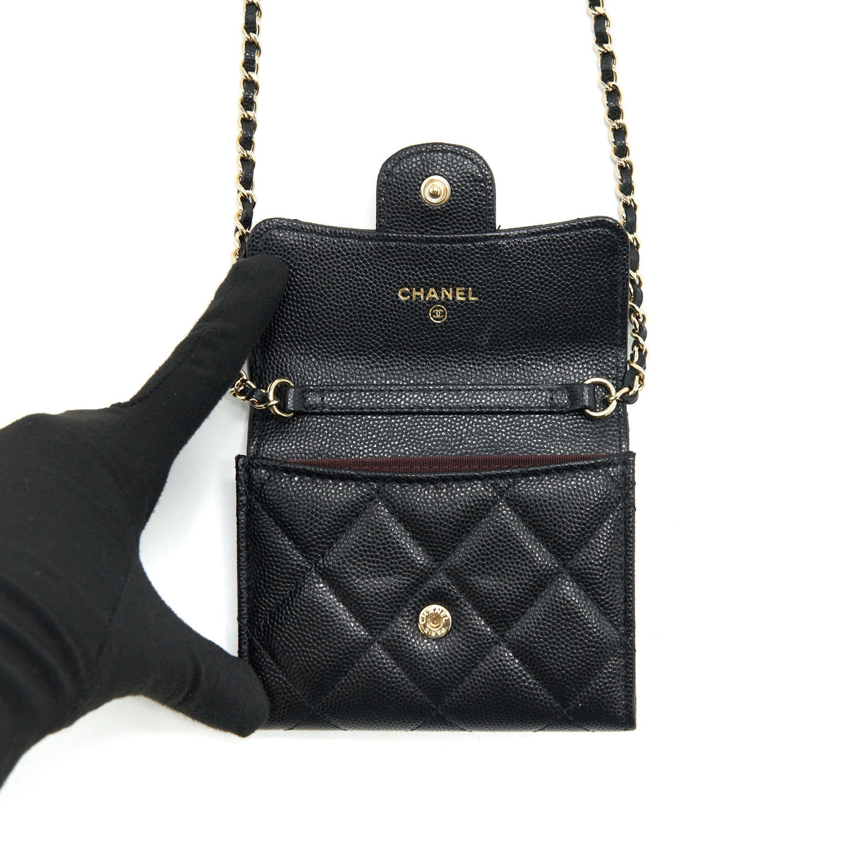 CHANEL CLASSIC CARD HOLDER WITH CHAIN CAVIAR BLACK LGHW