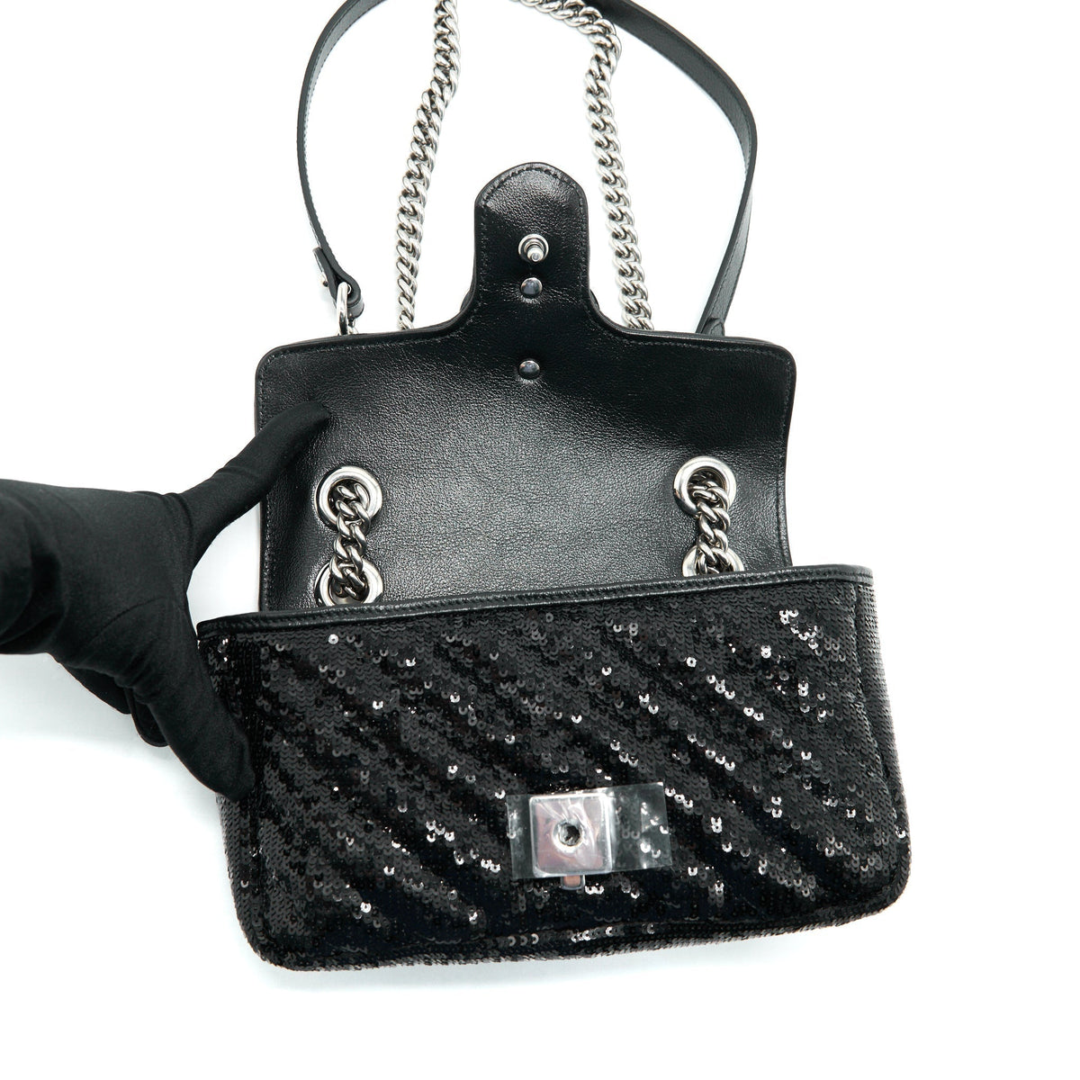 GUCCI MARMONT MINI SEQUIN SHOULDER BAG BLACK