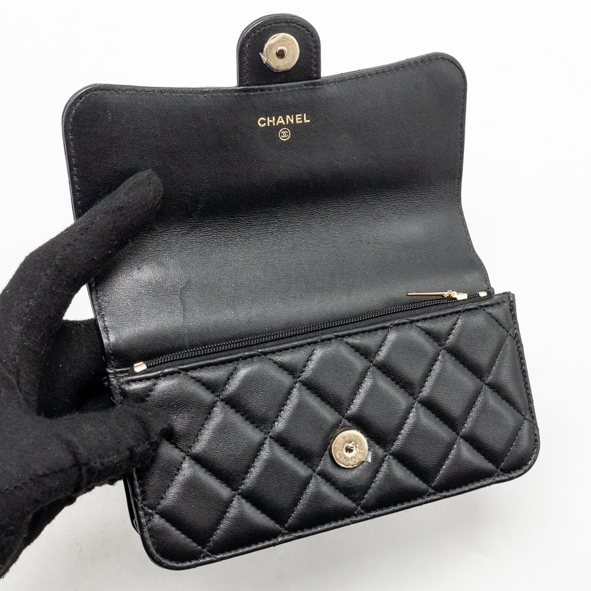 Chanel Top Handle Flap Phone Holder with Chain Lambskin Black LGHW (Microchip)