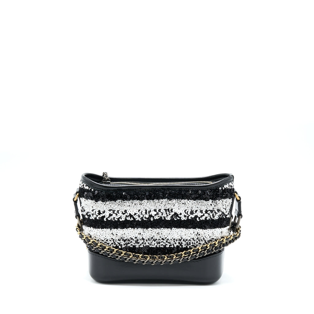 CHANEL SMALL GABRIELLE HOBO BAG SEQUINS BLACK/WHITE WITH MULTICOLOUR HARDWARE