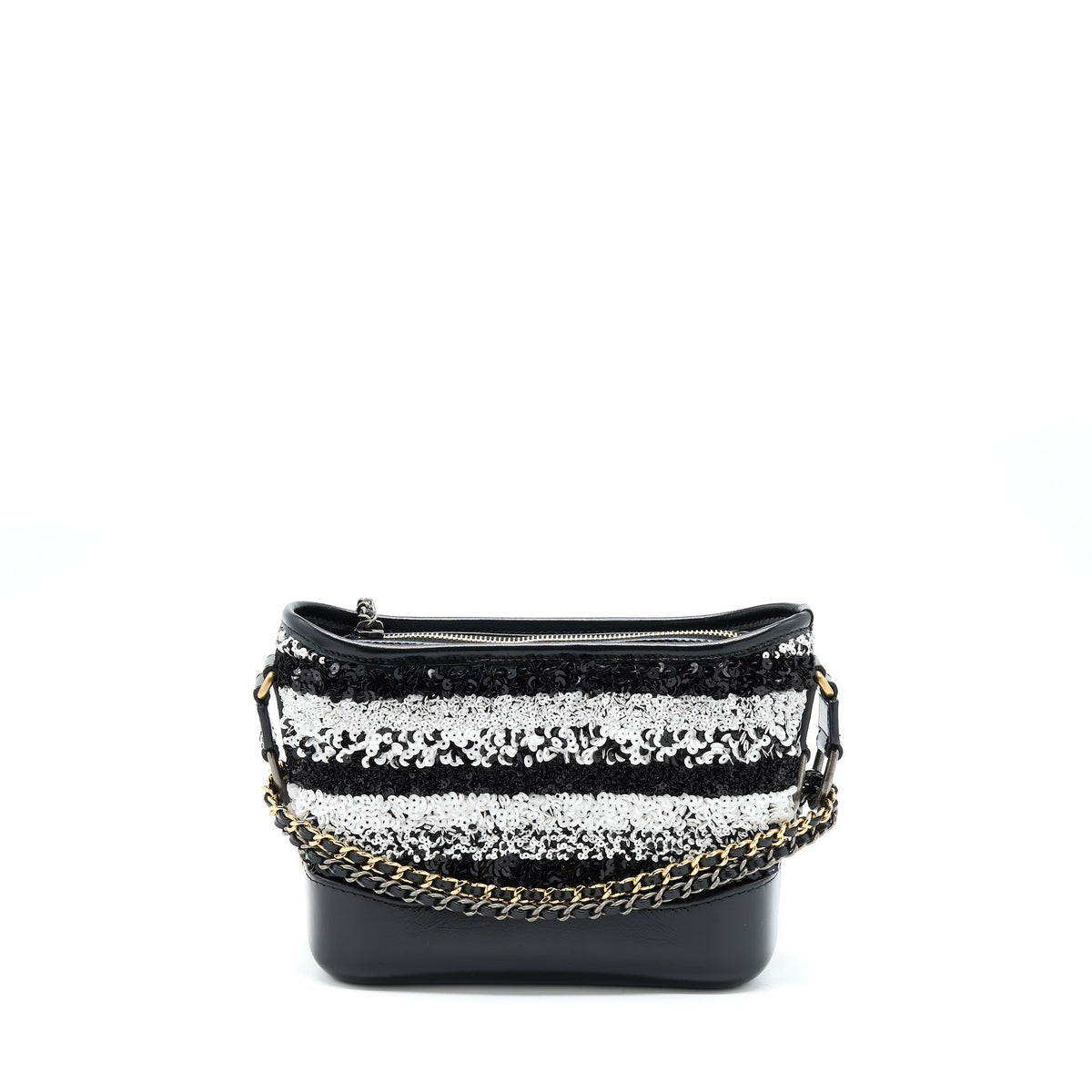 CHANEL SMALL GABRIELLE HOBO BAG SEQUINS BLACK/WHITE WITH MULTICOLOUR HARDWARE