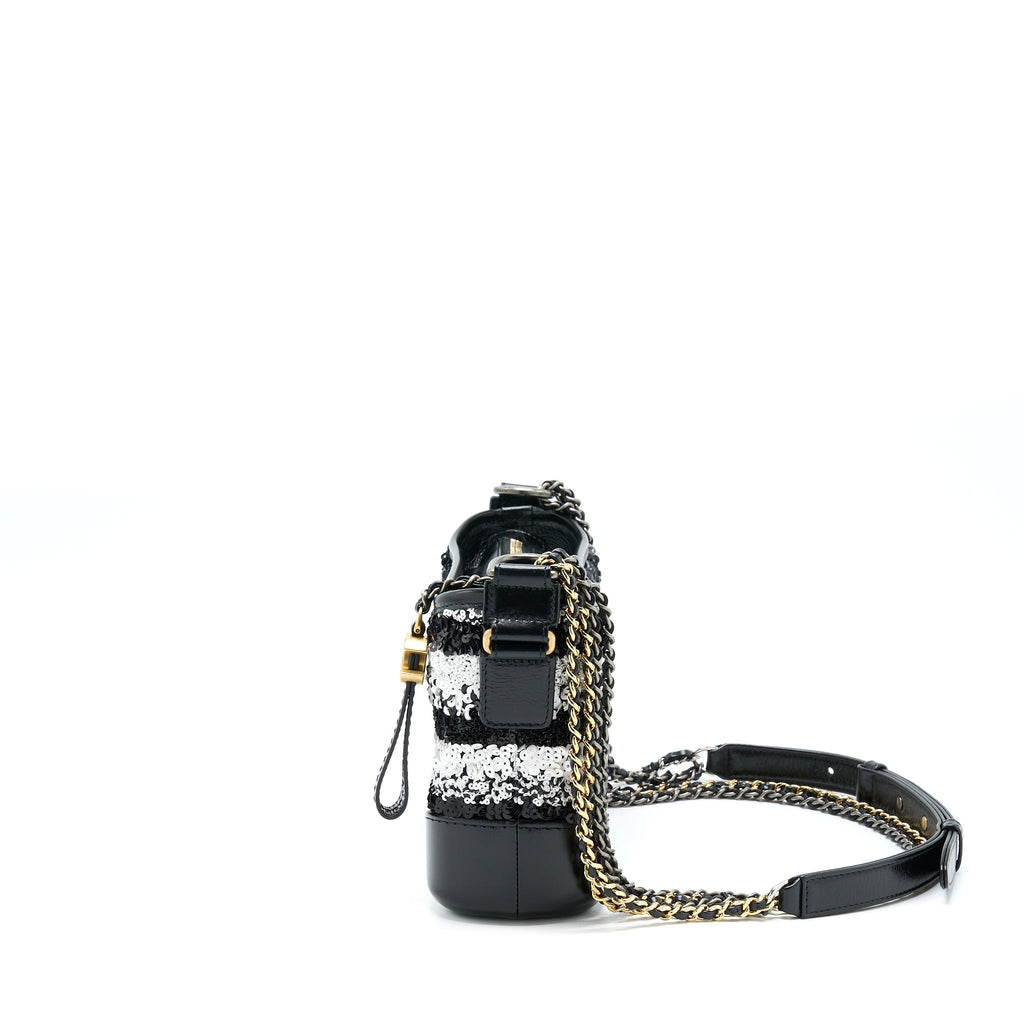 CHANEL SMALL GABRIELLE HOBO BAG SEQUINS BLACK/WHITE WITH MULTICOLOUR HARDWARE