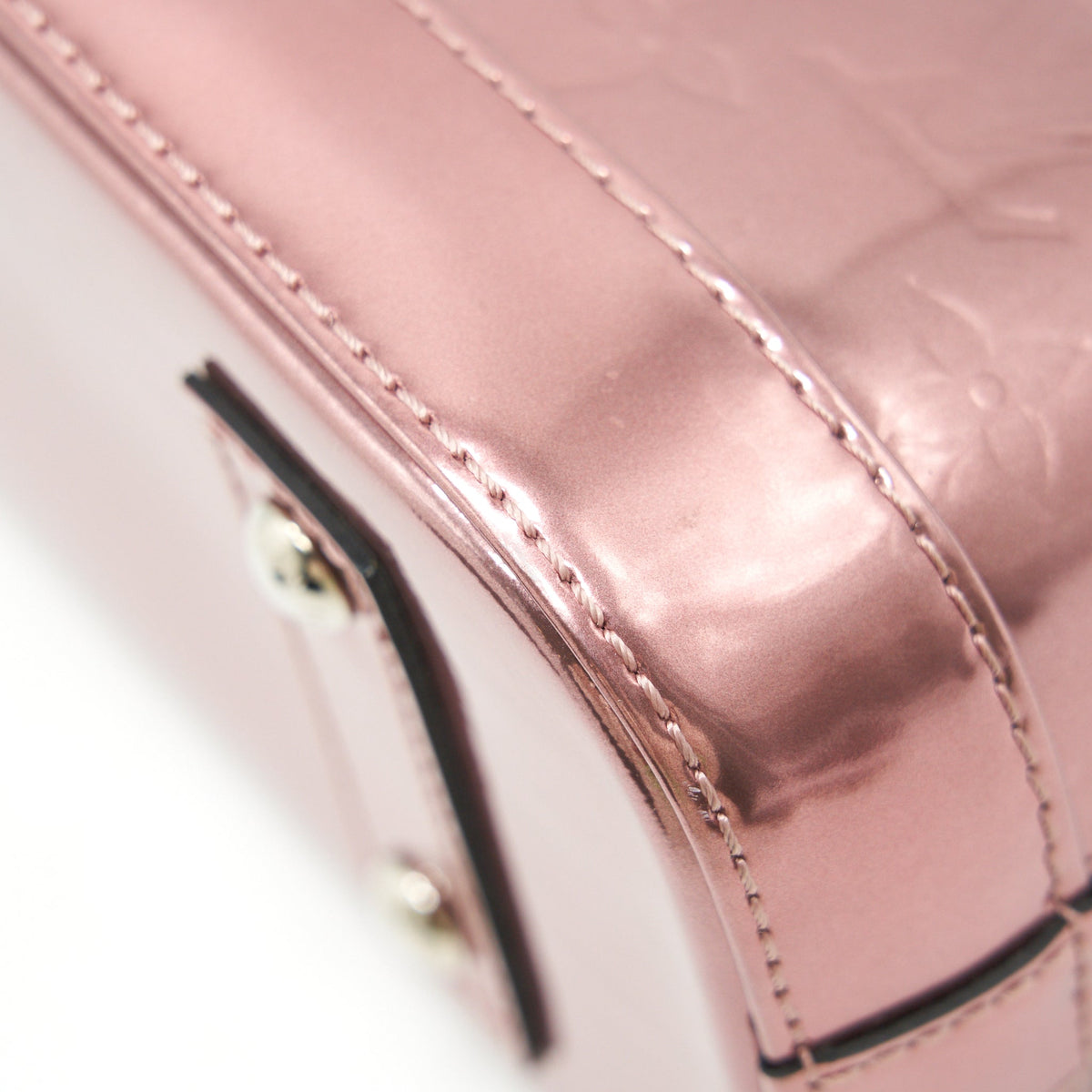 LOUIS VUITTON ALMA BB PATENT LEATHER METALLIC PINK WITH BLACK HANDLE SHW