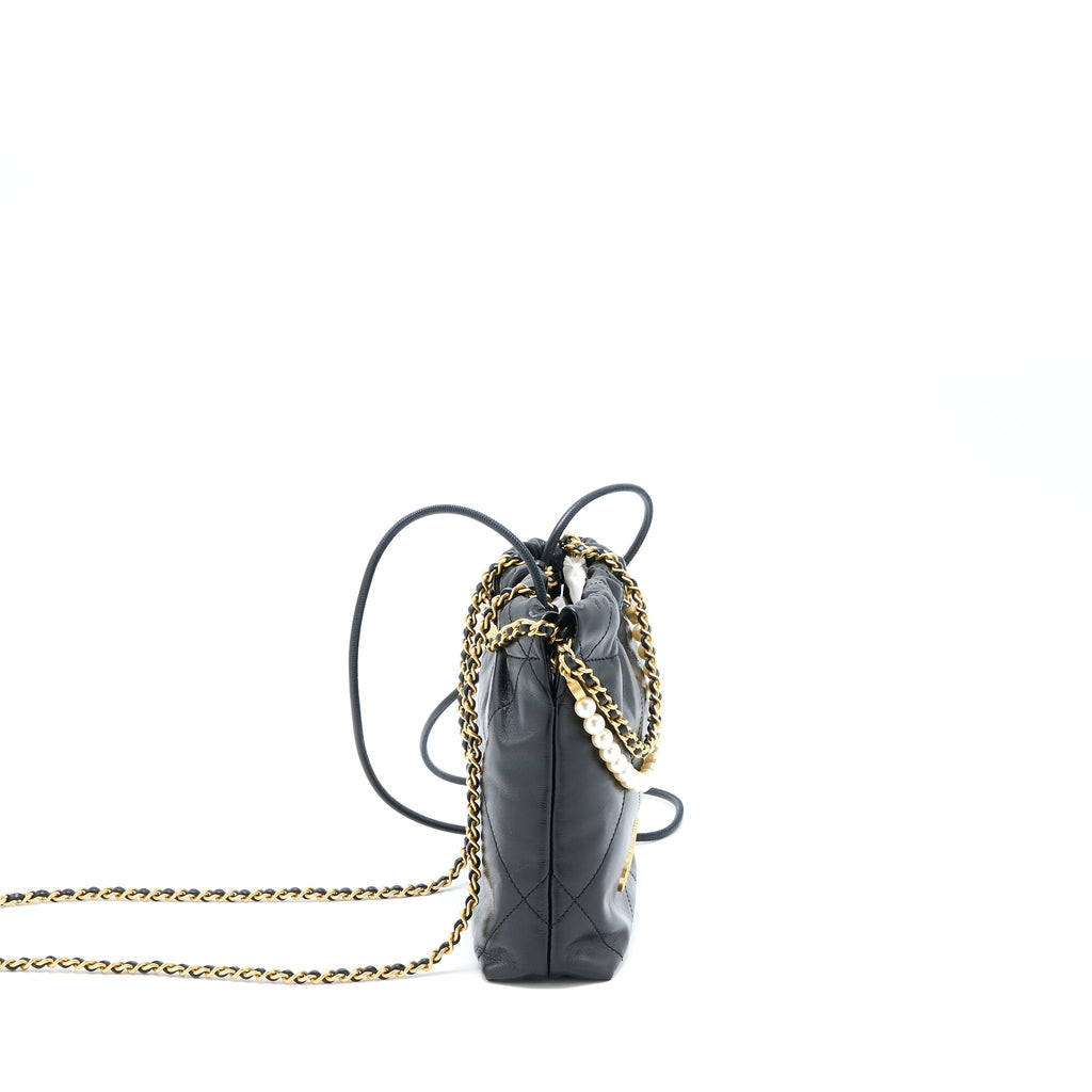 CHANEL 23S MINI 22 BAG WITH PEARL SHINY CALFSKIN BLACK BRUSHED GHW (MICROCHIP)