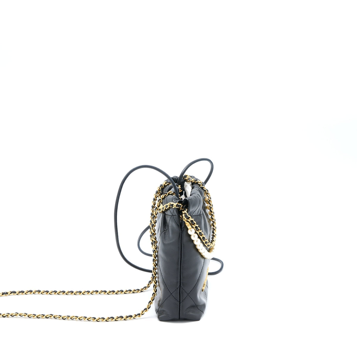 CHANEL 23S MINI 22 BAG WITH PEARL SHINY CALFSKIN BLACK BRUSHED GHW (MICROCHIP)