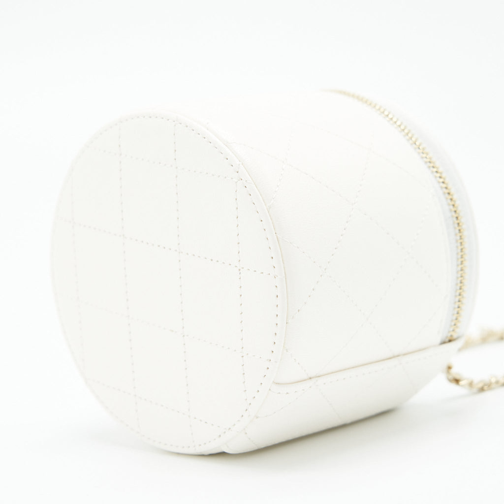 CHANEL ROUND VANITY WITH CHAIN WHITE/ BLACK WITH LGHW
