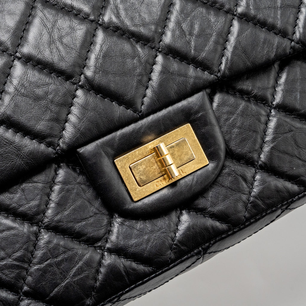 CHANEL LARGE 2.55 REISSUE DOUBLE FLAP BAG AGED CALFSKIN BLACK GHW