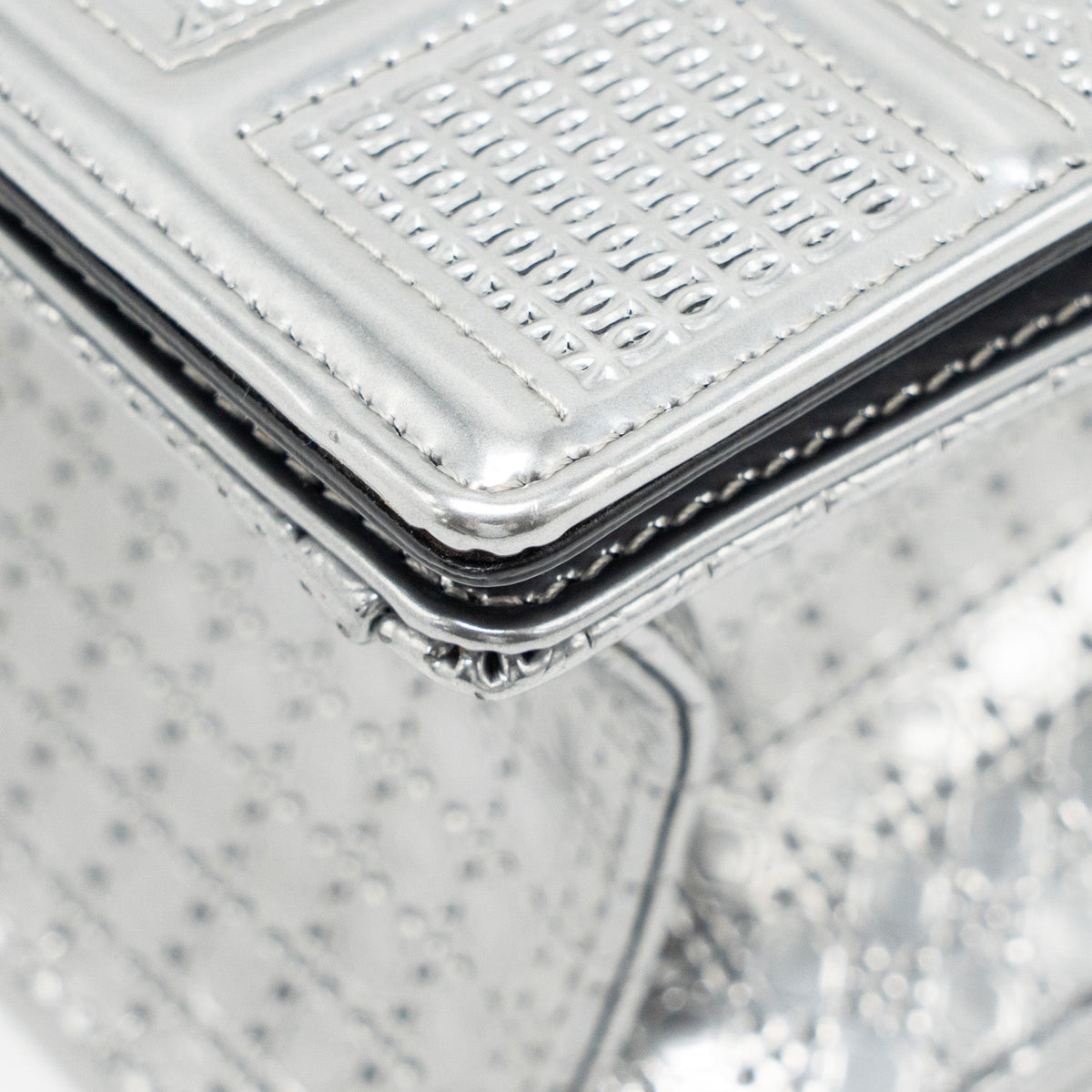 DIOR DIORAMA FLAP BAG PATENT MICRO-CANNAGE LEATHER METALLIC SILVER SHW