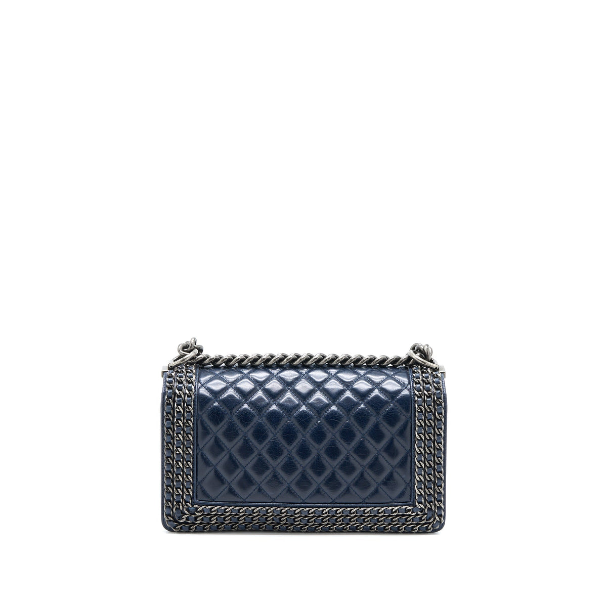 CHANEL MEDIUM BOY BAG LIMITED EDITION WITH CHAIN EDGE AGED CALFSKIN NAVY RUTHENIUM HARDWARE